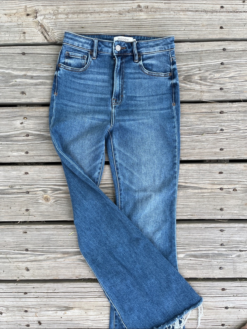 Hidden Jeans Cropped Blue Denim with Brown Leather Patch